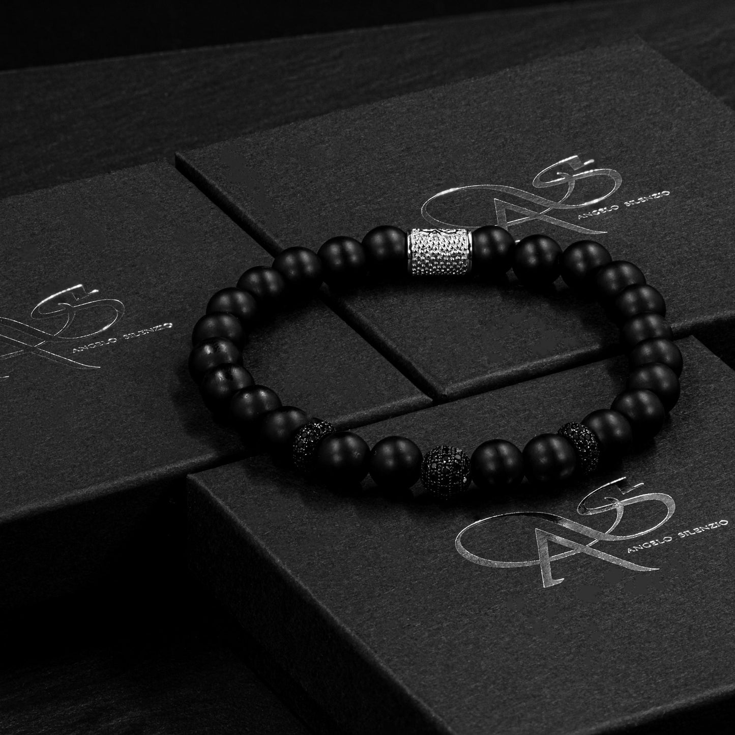 Onyx Matt SilverLine Zirkon 8mm R 925 Sterling Silber Rohdiniert
