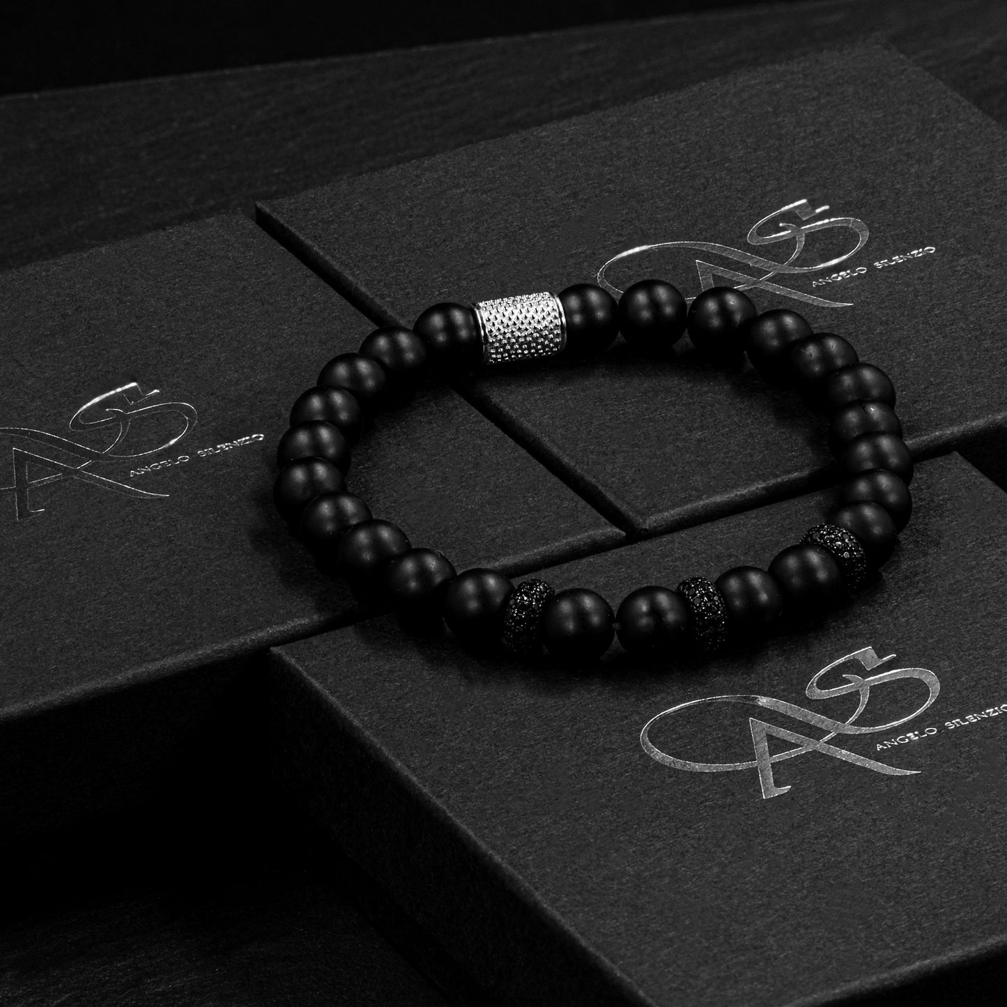 Onyx Matt SilverLine Zirkon 8mm S 925 Sterling Silber Rohdiniert
