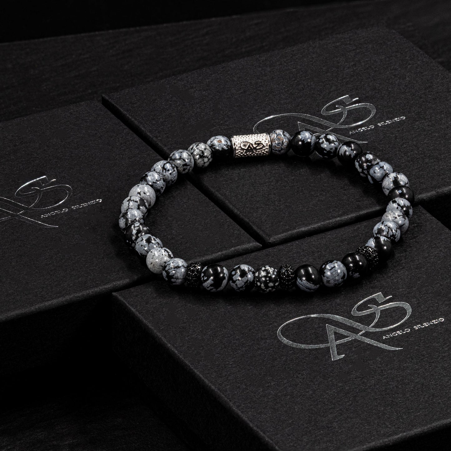 Snowflake Obsidian SilverLine Zirkon 6mm S 925 Sterling Silber Rohdiniert