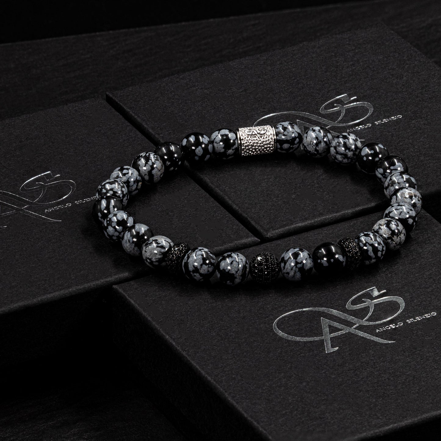 Snowflake Obsidian SilverLine Zirkon 8mm R 925 Sterling Silber Rohdiniert