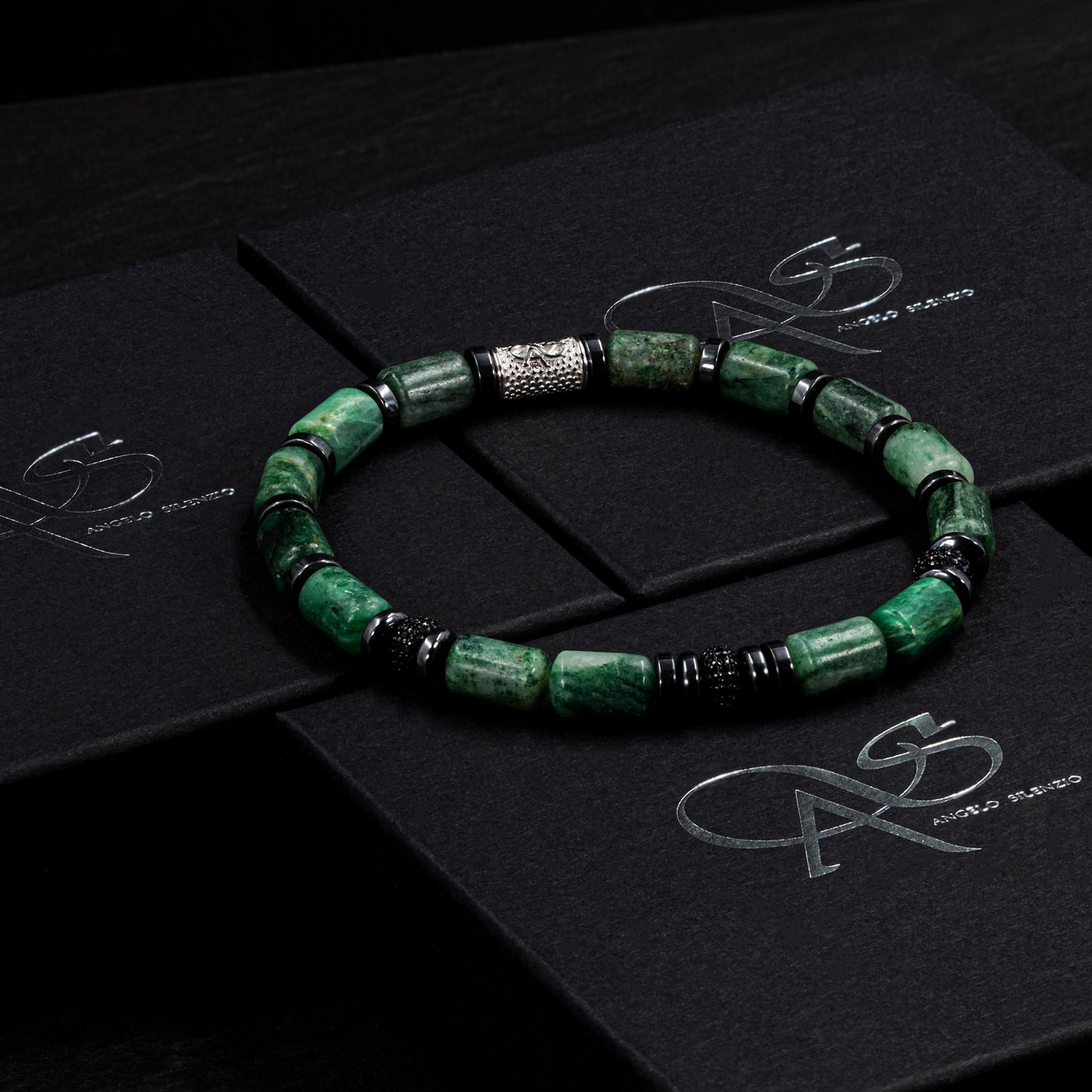 African Green Jade SilverLine Zirkon 6mm S 925 Sterling Silber Rohdiniert