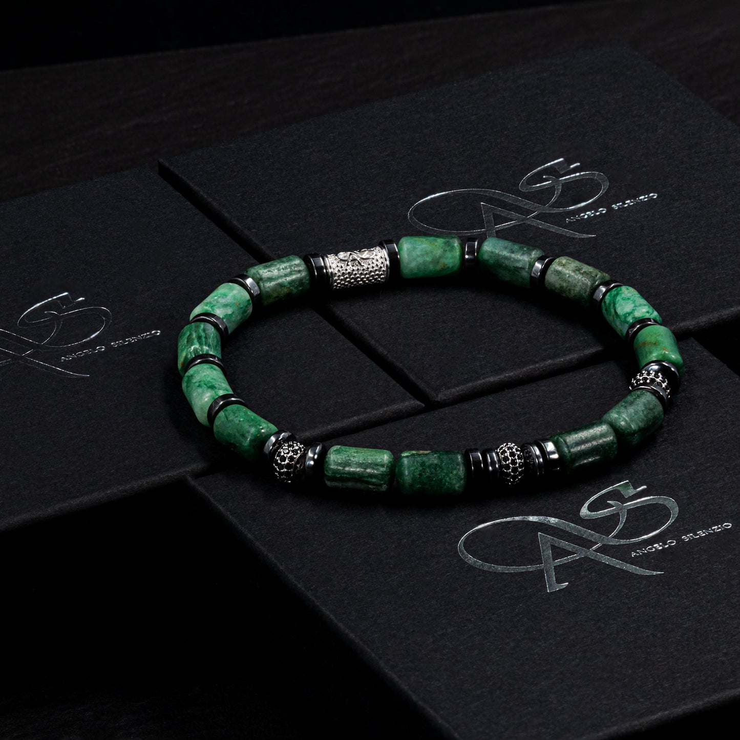 African Green Jade SilverLine Zirkon 6mm S 925 Sterling Silber Rohdiniert