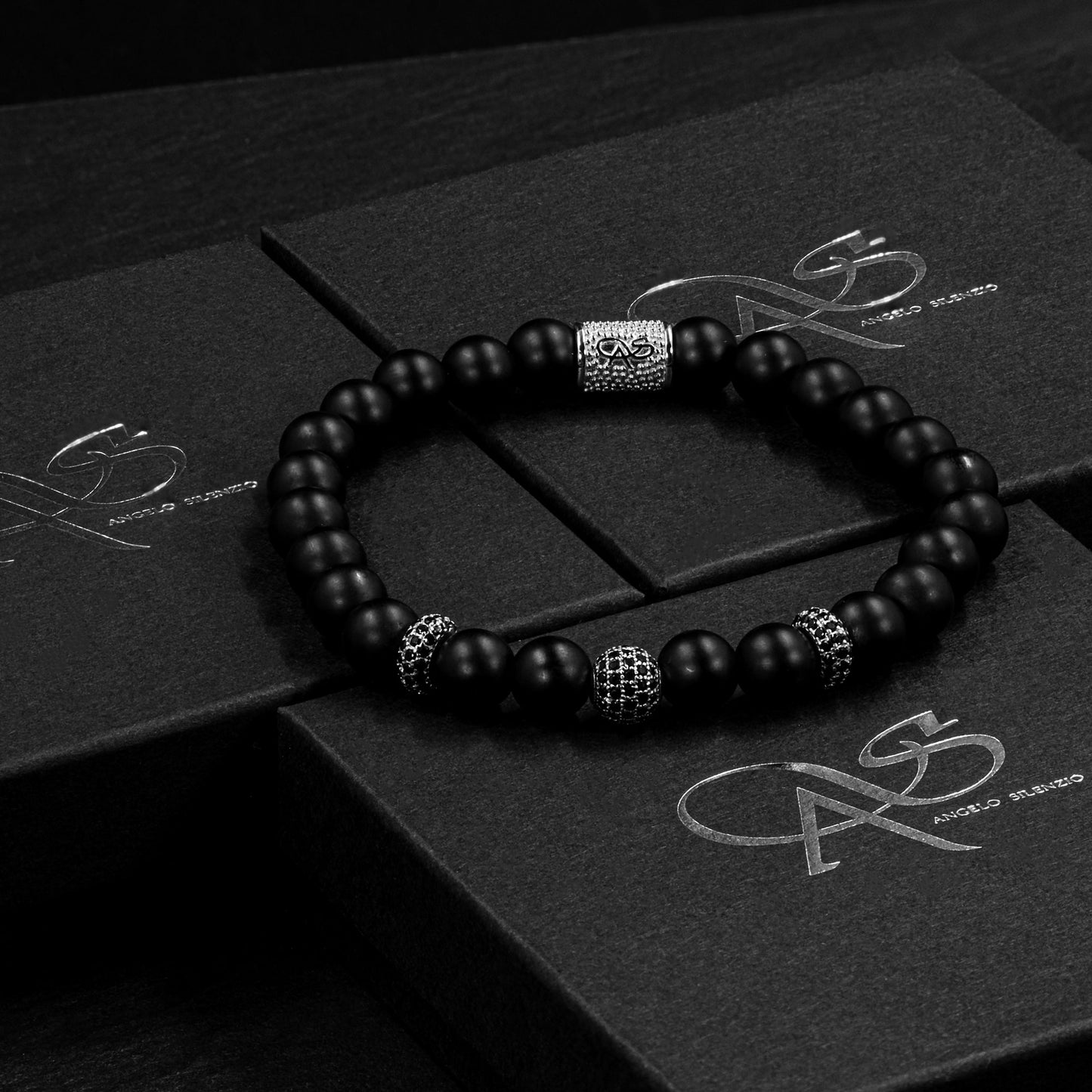 Onyx Matt SilverLine Zirkon 8mm R 925 Sterling Silber Rohdiniert
