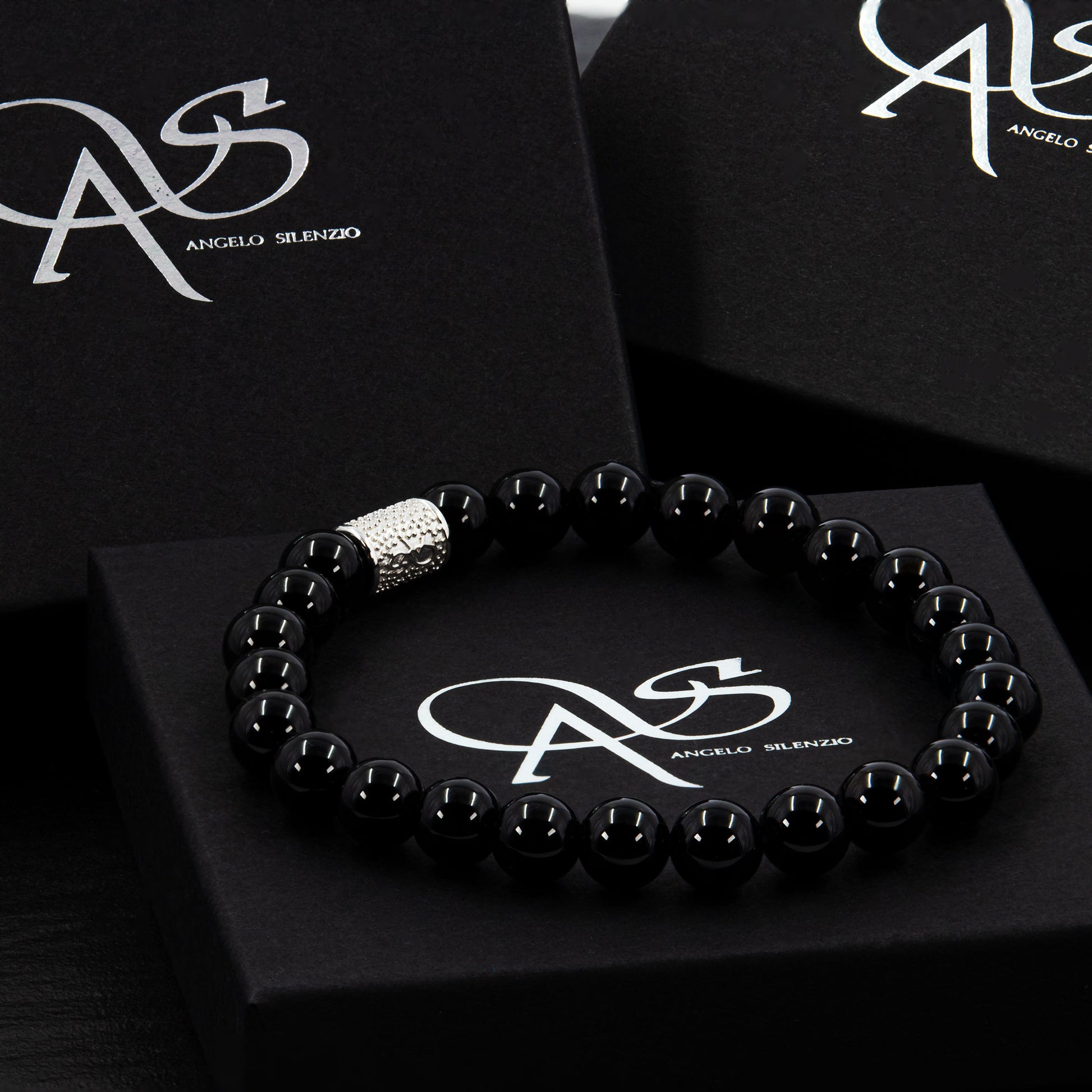 Perlenarmband Onyx 925 Sterling Silber Rohdiniert