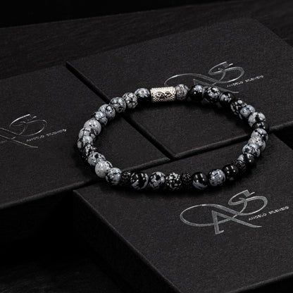 Snowflake Obsidian SilverLine Zirkon 6mm S 925 Sterling Silber Rohdiniert