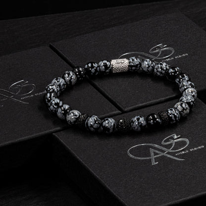 Snowflake Obsidian SilverLine Zirkon 8mm R 925 Sterling Silber Rohdiniert