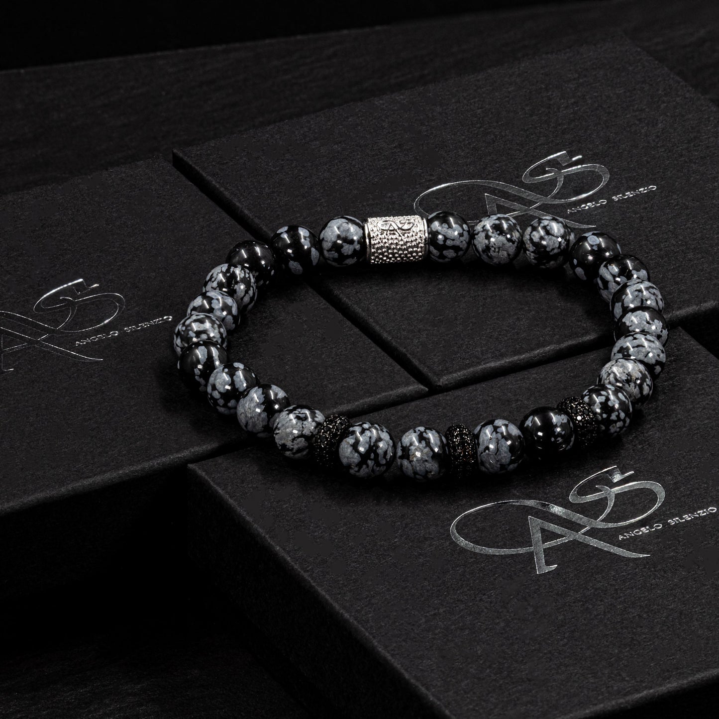 Snowflake Obsidian SilverLine Zirkon 8mm S 925 Sterling Silber Rohdiniert