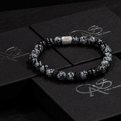 Snowflake Obsidian SilverLine Zirkon 8mm S 925 Sterling Silber Rohdiniert