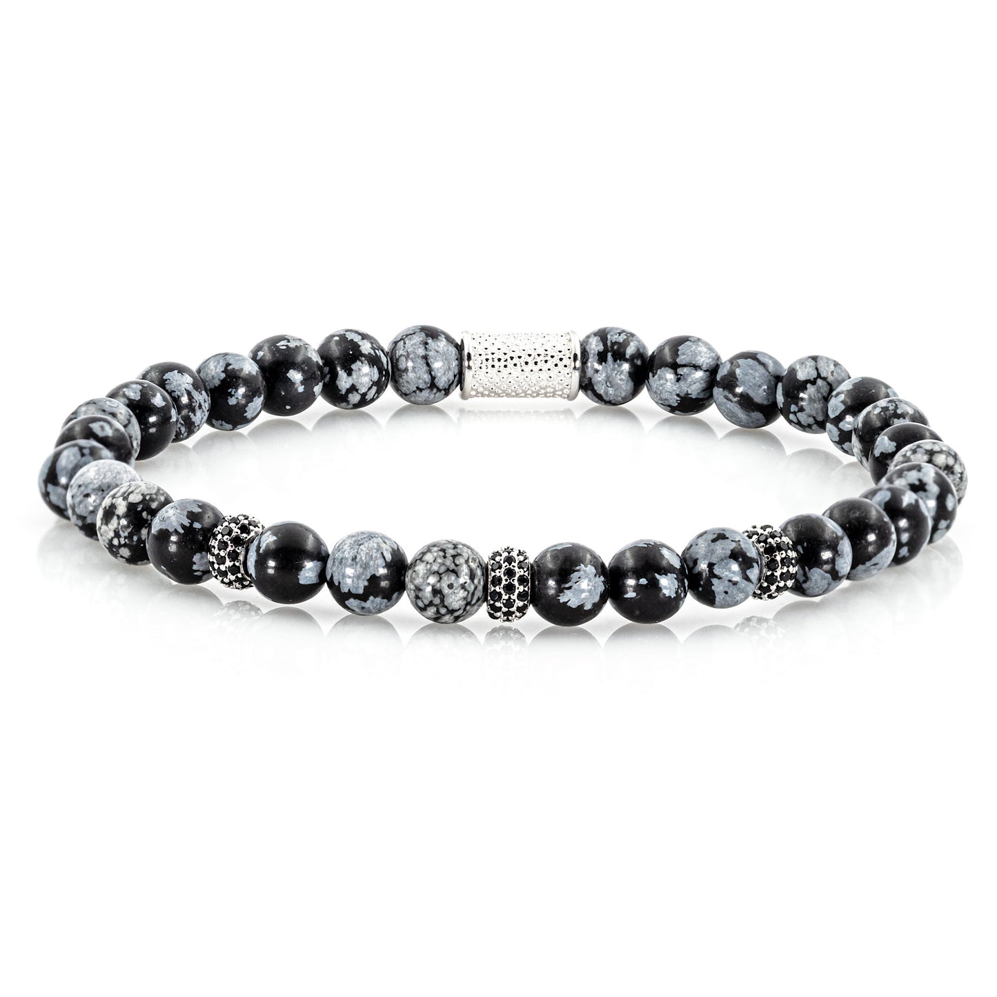 Snowflake Obsidian SilverLine Zirkon 6mm S 925 Sterling Silber Rohdiniert