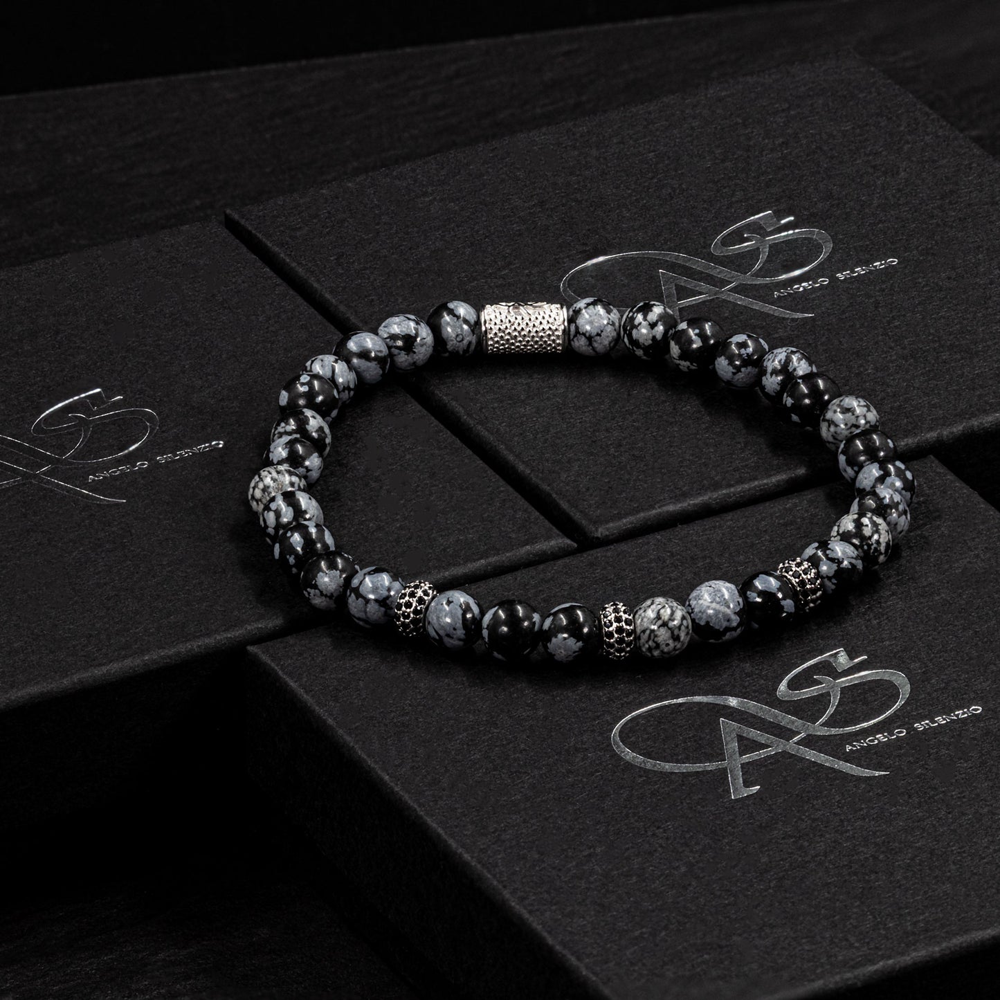 Snowflake Obsidian SilverLine Zirkon 6mm S 925 Sterling Silber Rohdiniert