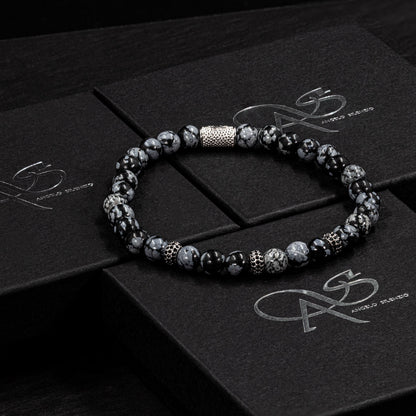 Snowflake Obsidian SilverLine Zirkon 6mm S 925 Sterling Silber Rohdiniert