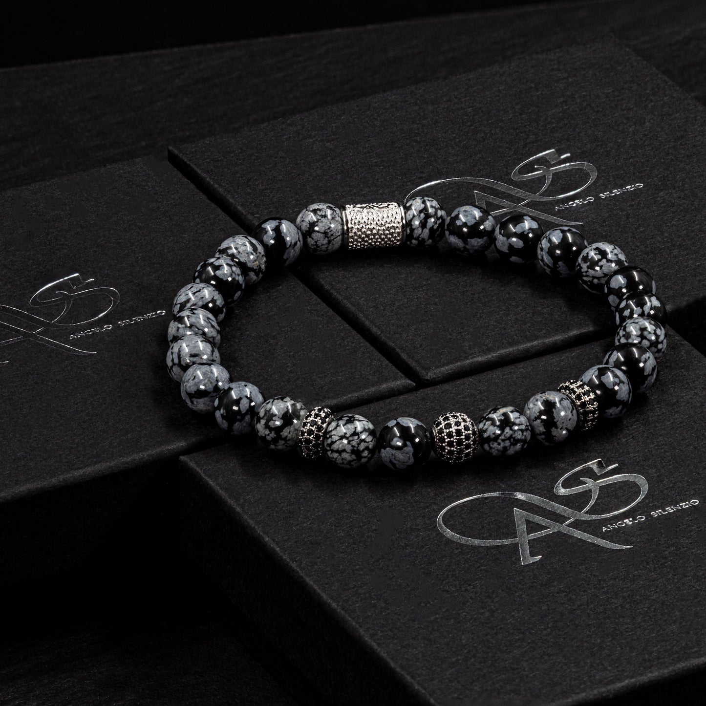 Snowflake Obsidian SilverLine Zirkon 8mm R 925 Sterling Silber Rohdiniert