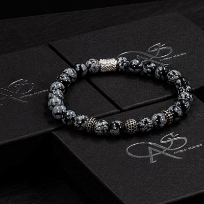 Snowflake Obsidian SilverLine Zirkon 8mm R 925 Sterling Silber Rohdiniert