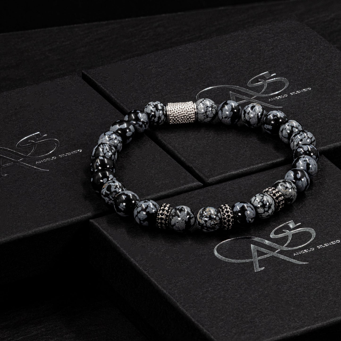 Snowflake Obsidian SilverLine Zirkon 8mm S 925 Sterling Silber Rohdiniert