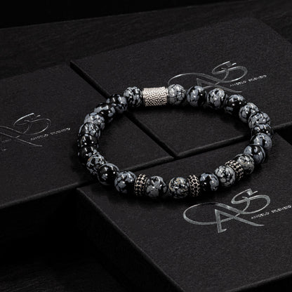 Snowflake Obsidian SilverLine Zirkon 8mm S 925 Sterling Silber Rohdiniert