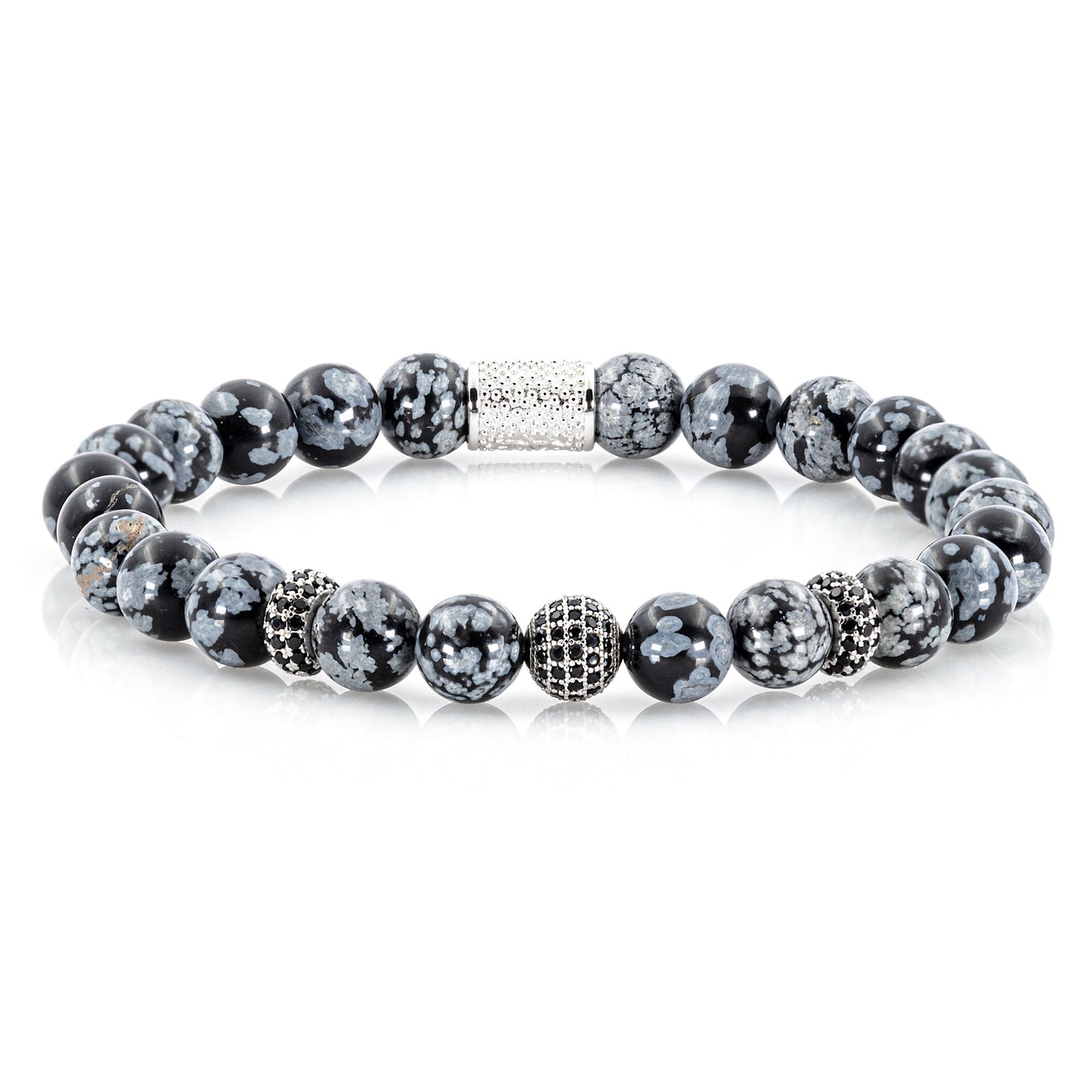 Snowflake Obsidian SilverLine Zirkon 8mm R 925 Sterling Silber Rohdiniert