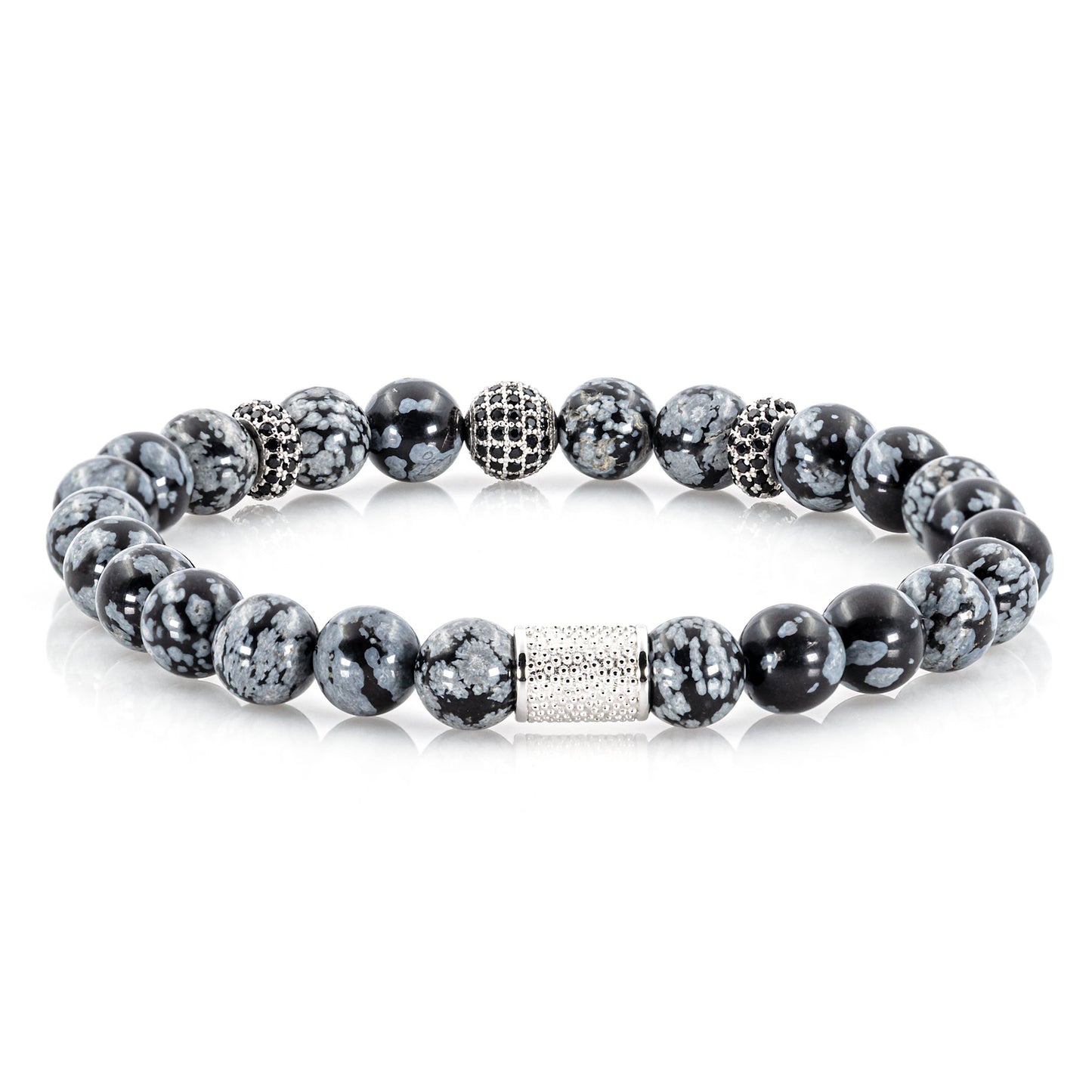 Snowflake Obsidian SilverLine Zirkon 8mm R 925 Sterling Silber Rohdiniert